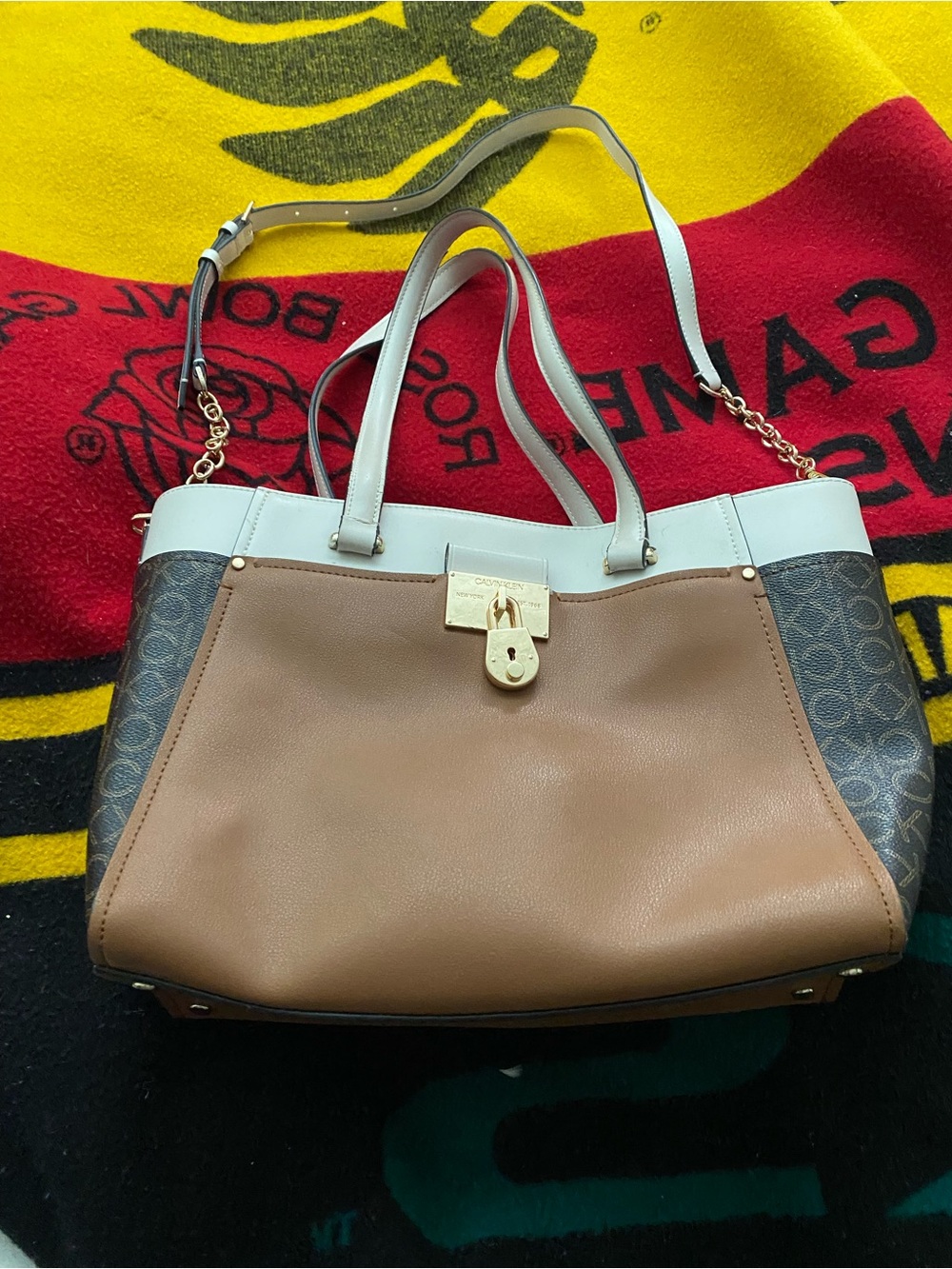 Calvin Klein Tri-Panel Tan, White & Dark Brown Tote